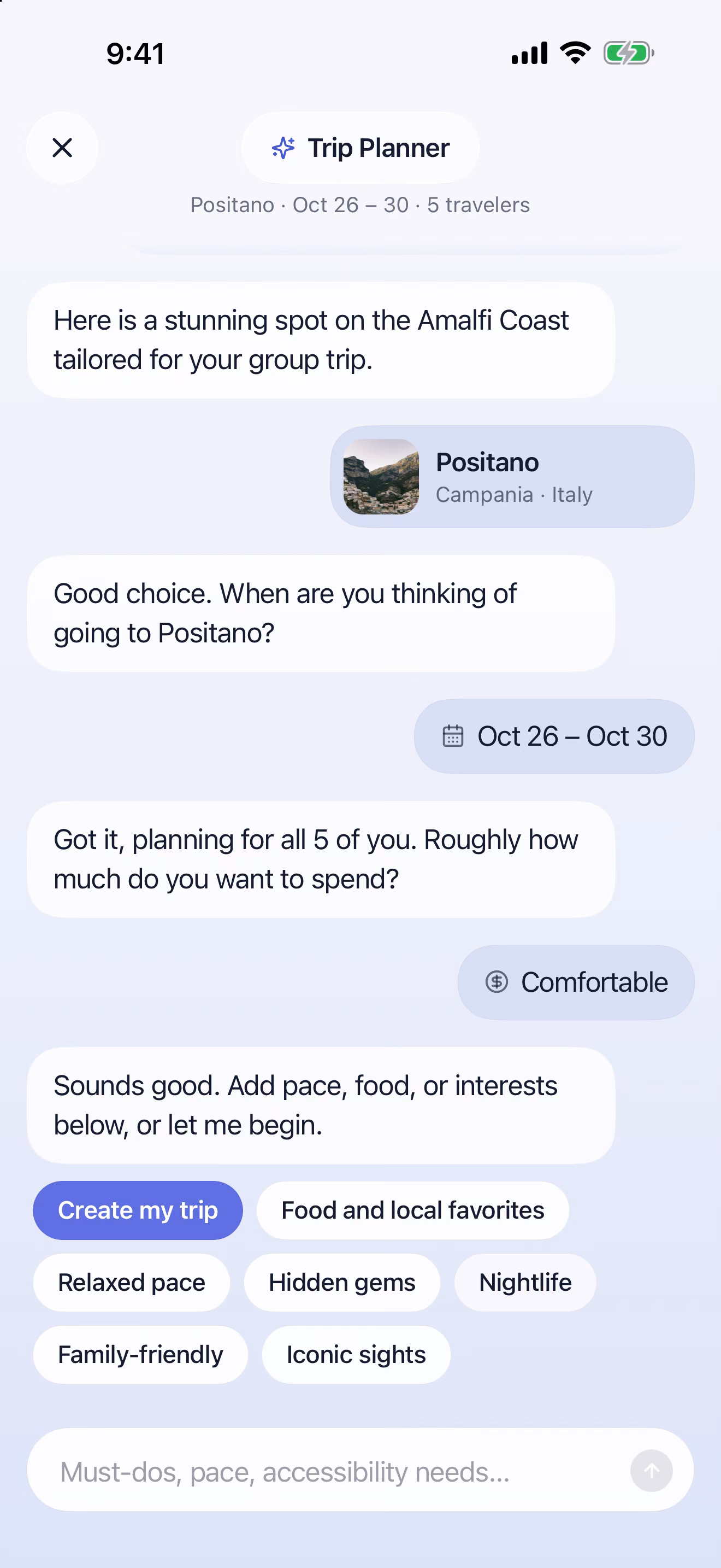 Trip Copilot conversation in TripsCircle: Positano picked, dates, travelers and budget set, ready to create the trip