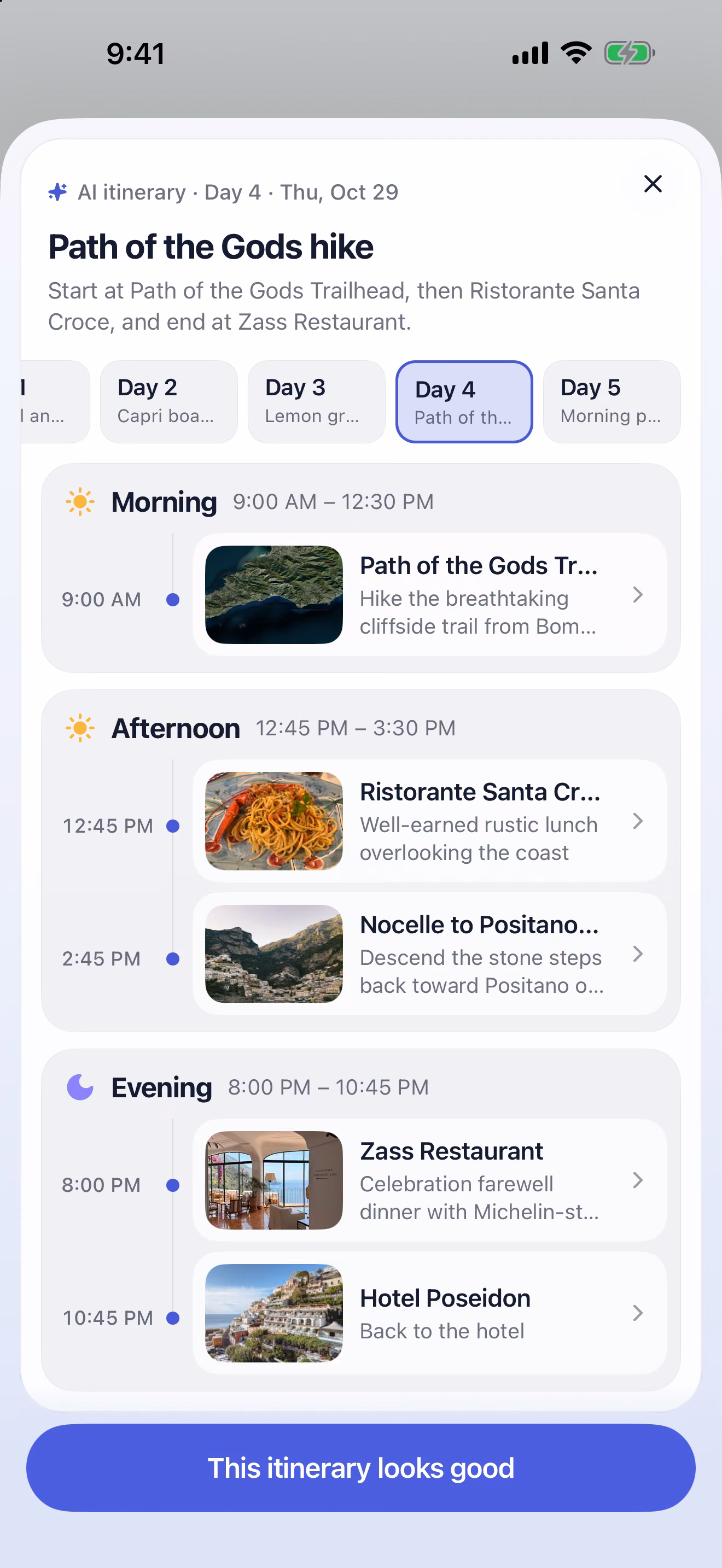 Amalfi Coast plan drafted by Trip Copilot: a Path of the Gods hike day with timed stops
