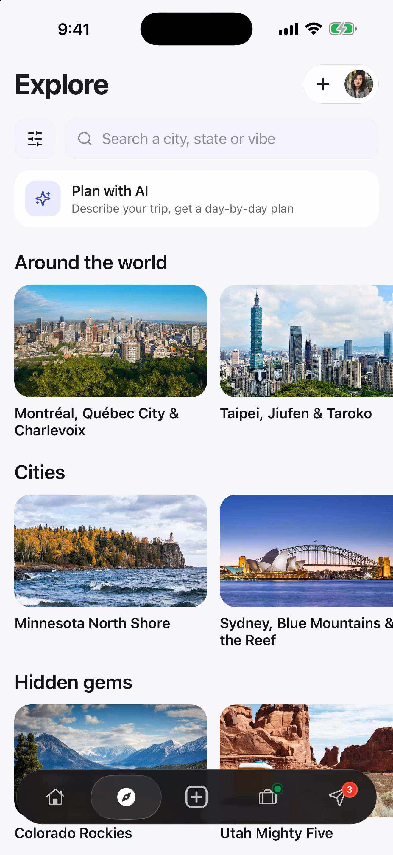 TripsCircle Explore tab with Plan with AI and curated trip ideas from around the world