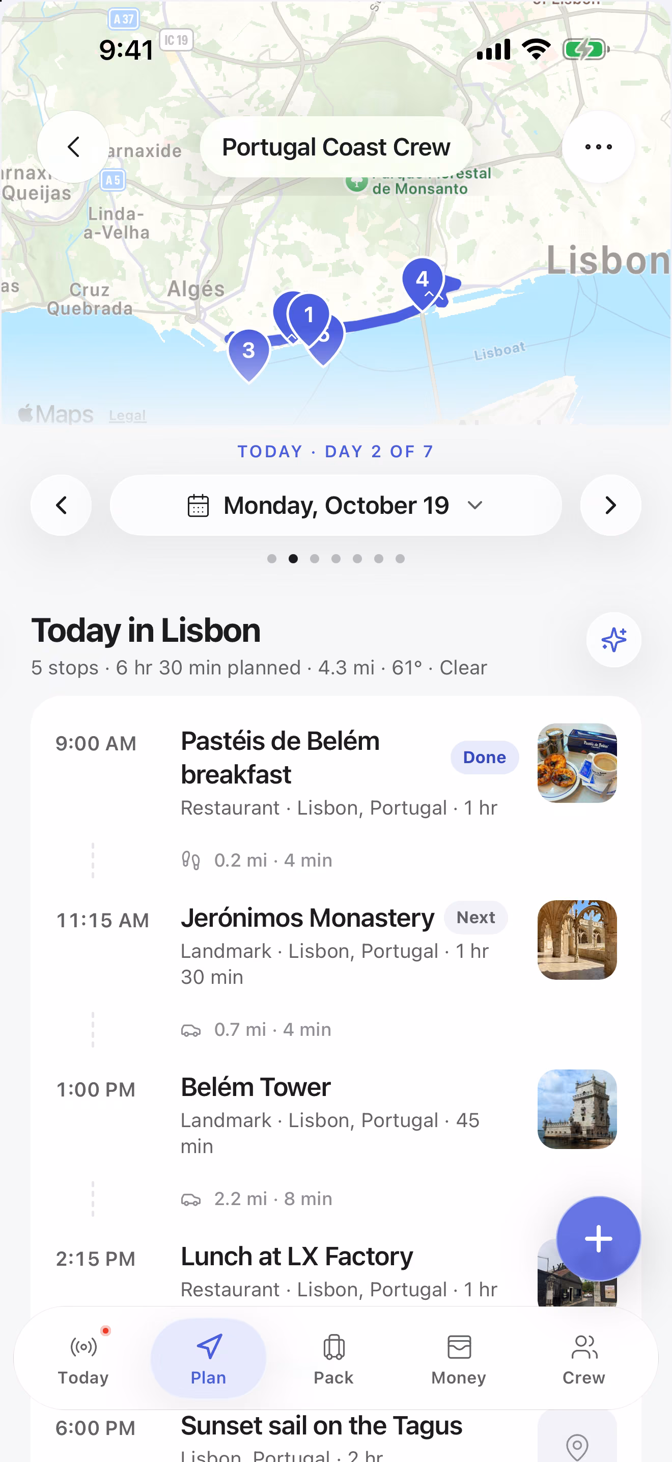 TripsCircle Plan tab: the day’s route on a map with Lisbon stops, photos, and the walk between each one