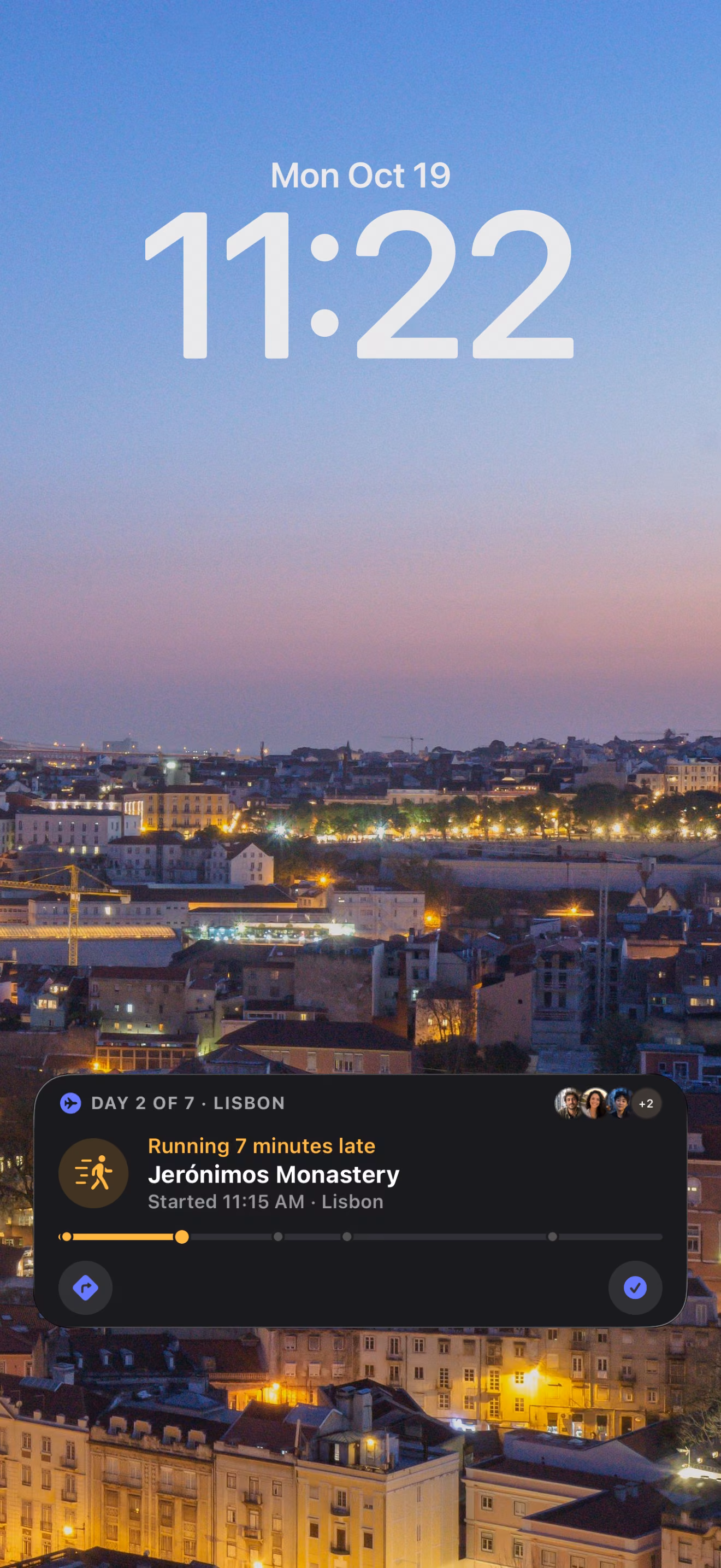 iPhone Lock Screen with a TripsCircle Live Activity: running 7 minutes late for Jerónimos Monastery, Day 2 of 7 in Lisbon
