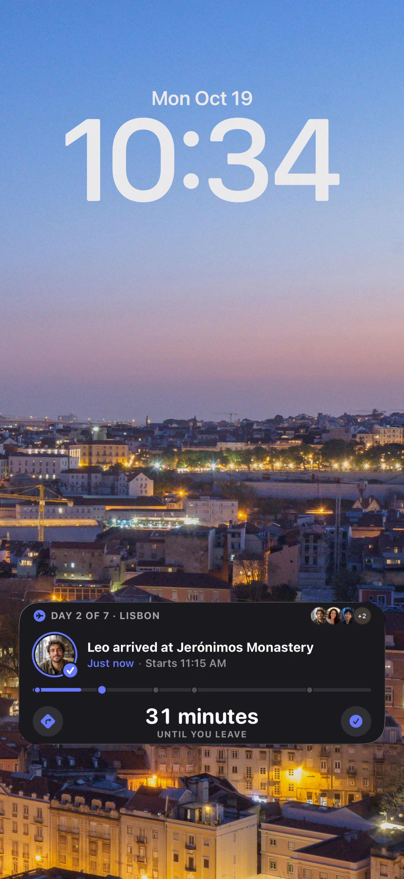 iPhone Lock Screen with a TripsCircle Live Activity: a friend arrived at Jerónimos Monastery, 31 minutes until you leave