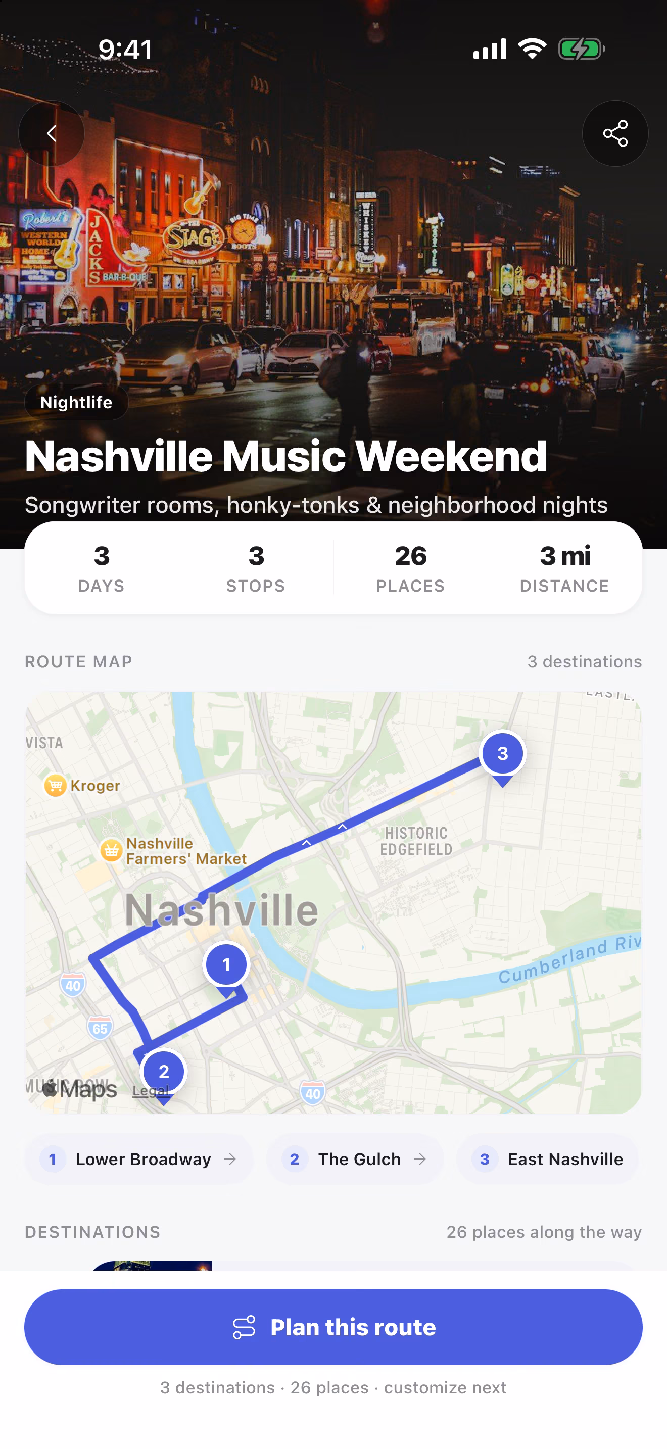 Nashville Music Weekend route opened in TripsCircle: 3 days, 3 stops and 26 places on a map from Lower Broadway to East Nashville