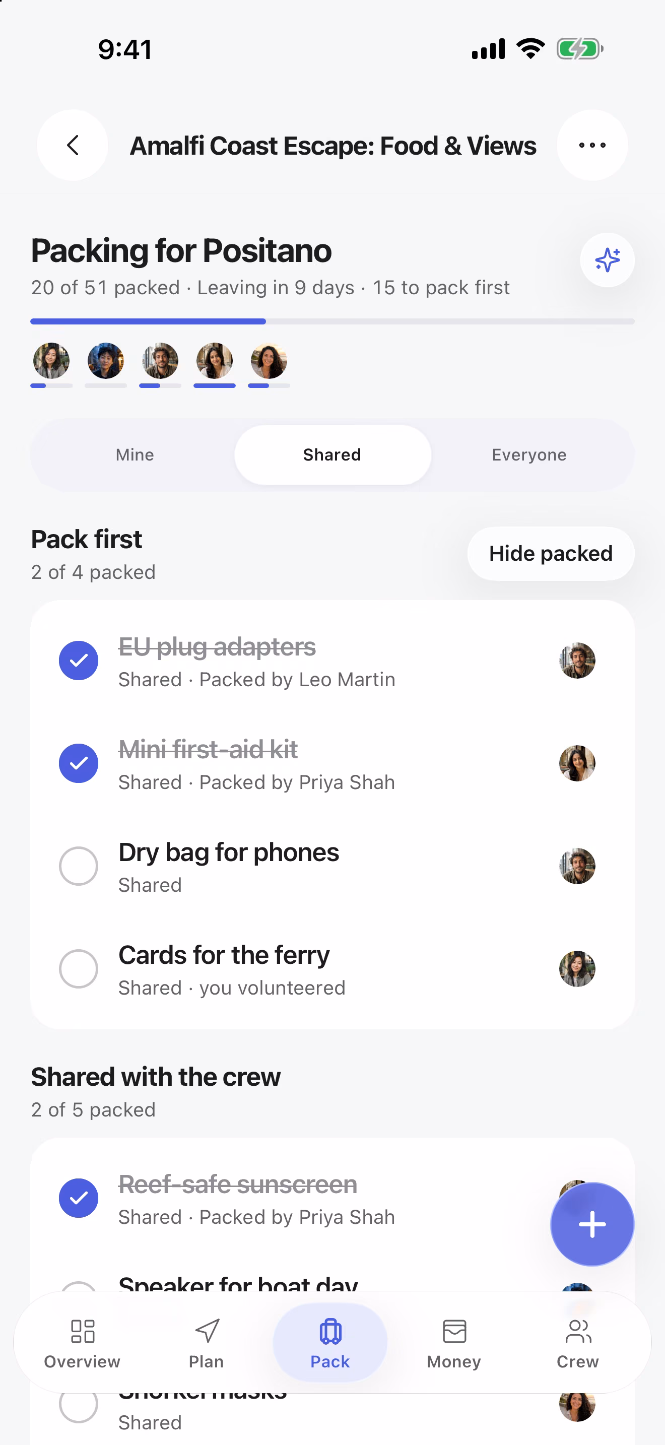 TripsCircle shared packing list showing which friend is bringing each shared item