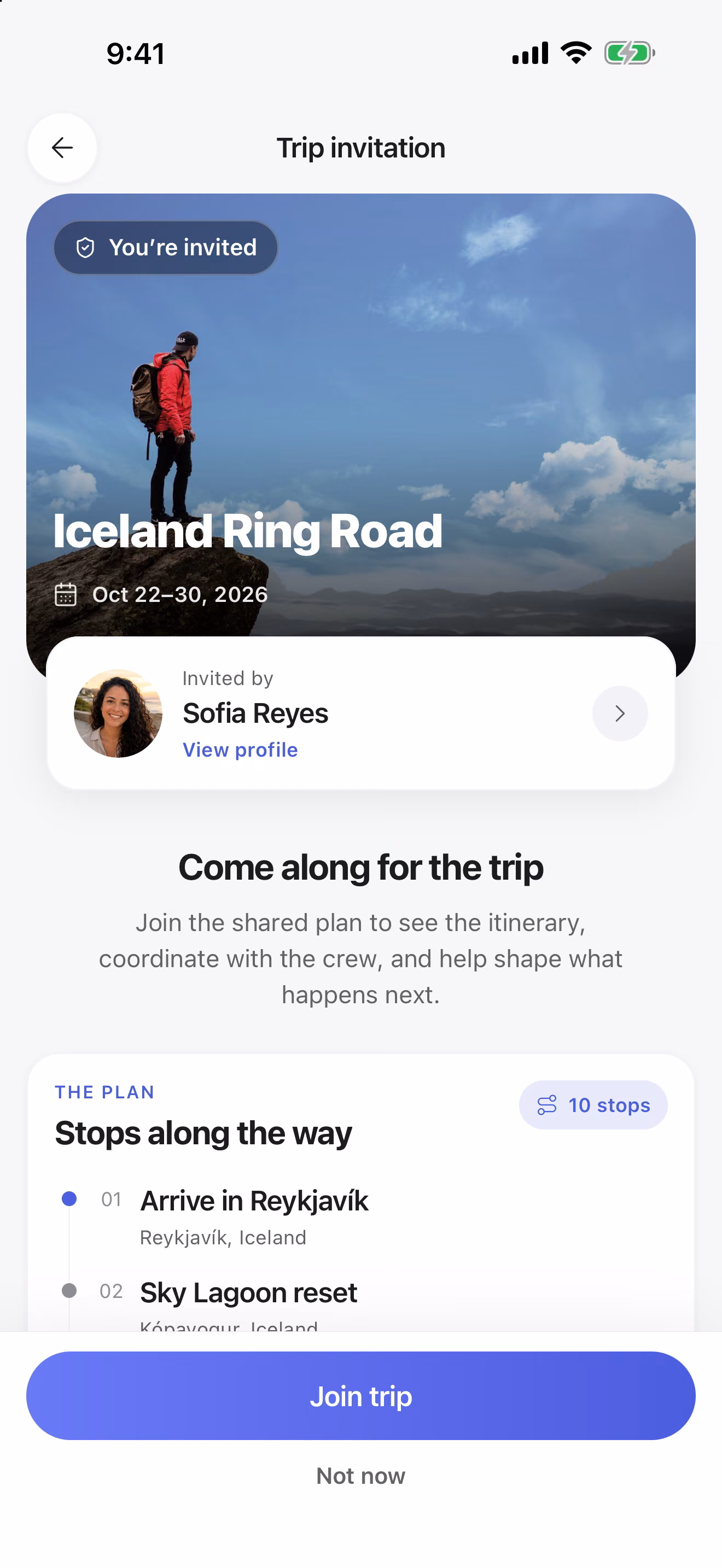 TripsCircle trip invitation to Iceland Ring Road with the dates, the first stops and a Join trip button