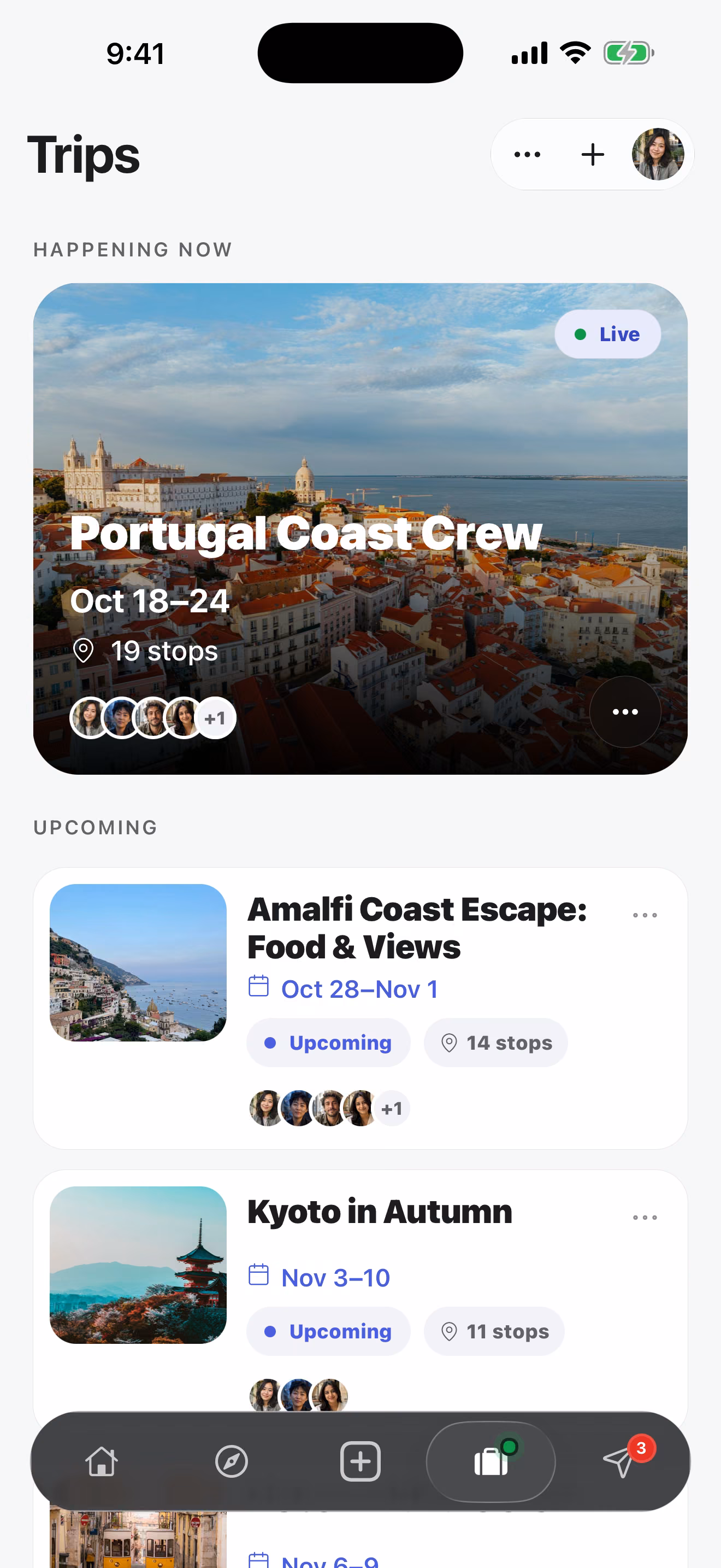 TripsCircle Trips view with a live group trip and upcoming trips with friends