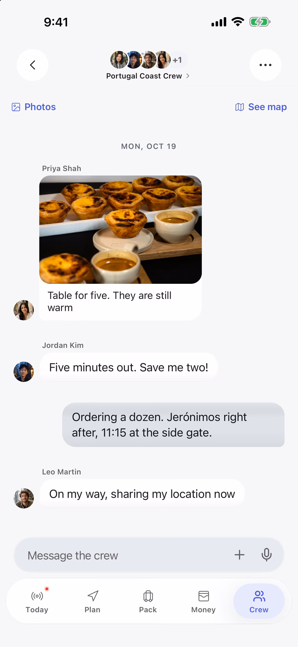 TripsCircle crew chat for a Lisbon trip, ending with a friend saying he is on his way and sharing his location