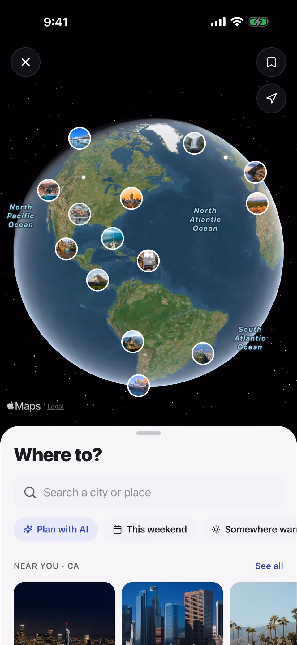 TripsCircle new trip screen: a globe of trip ideas above the Where to? search, with Plan with AI, This weekend and Somewhere warm
